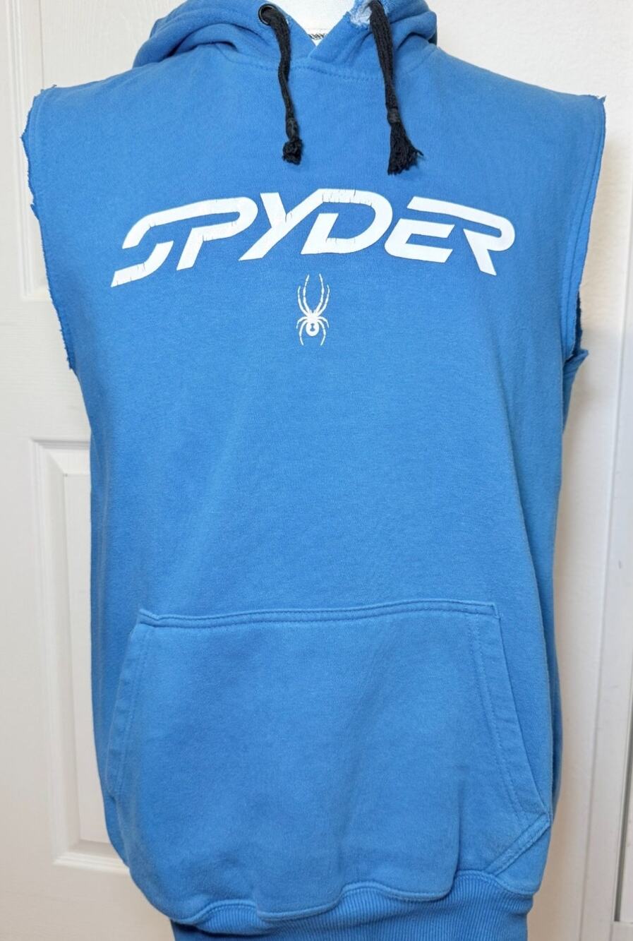 Spyder Men’s Medium Blue Sleeveless Cut Off Hoodie Logo Sweatshirt Gym Y2K